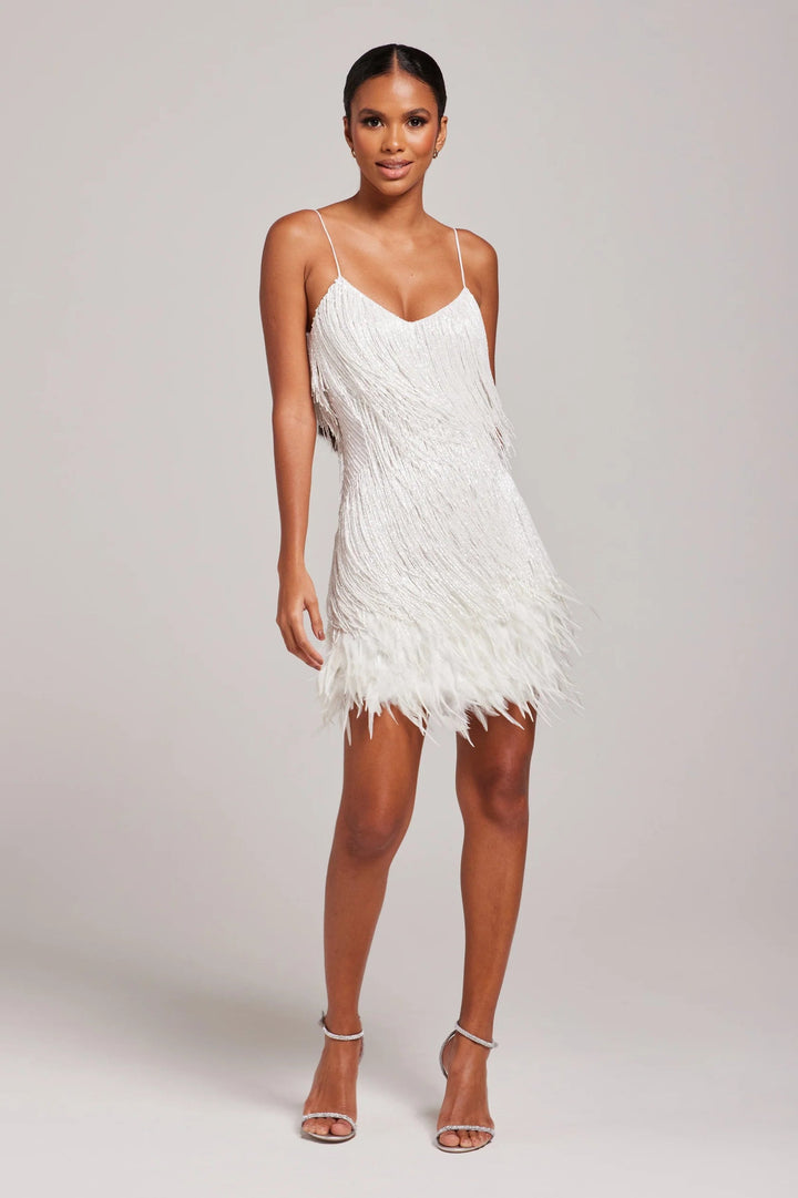 CELESTE - Spaghetti Strap Beaded Fringe Mini Dress with Ostrich Feather Hem