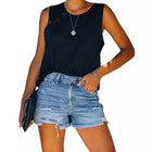 Maya | Women's High Waisted Fringe Hem Denim Shorts