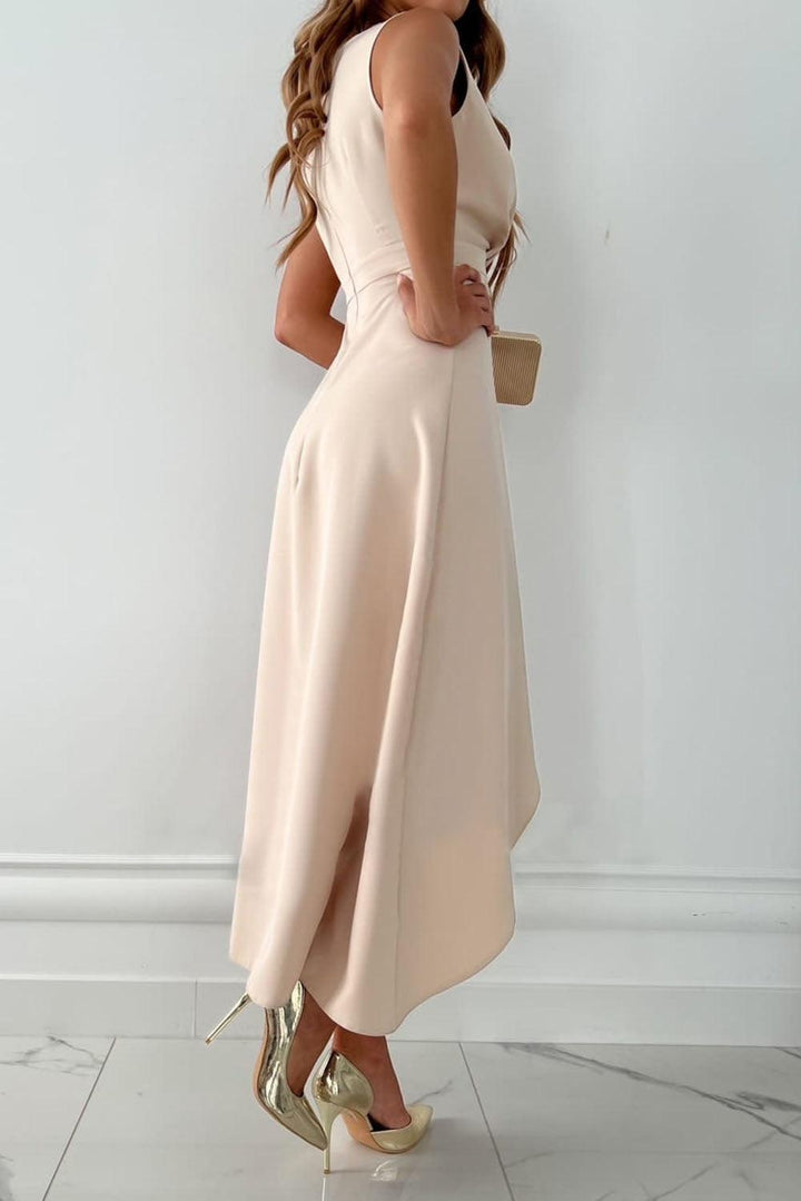 MINA - Asymmetric Wrap Midi Dress with V-Neck &amp; Ruffle Hem