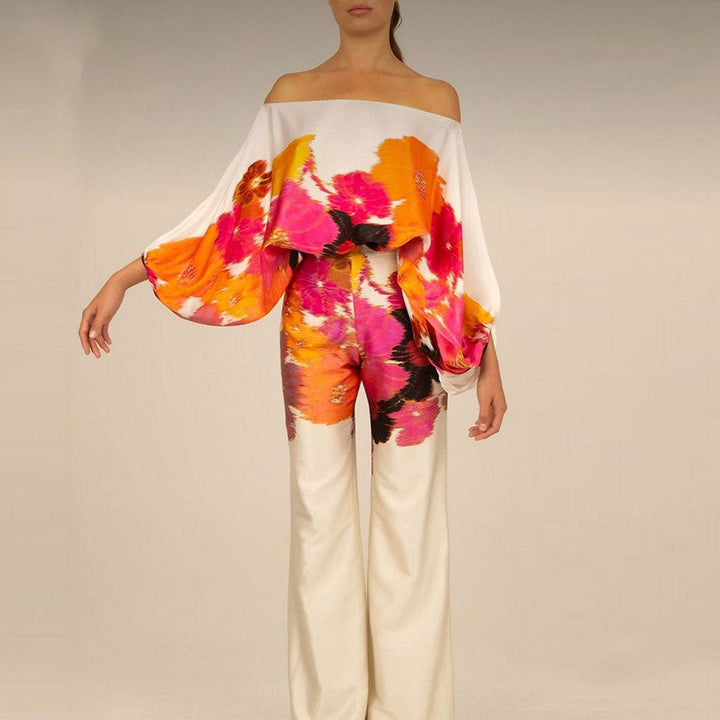 Emma - Wave Print Satin One-Shoulder Top &amp; Wide-Leg Pants Set