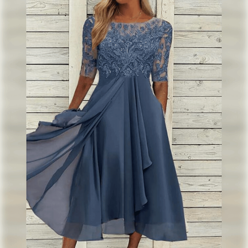 Ladies Maxi Dress Lace Top Chiffon Skirt Three-Quarter Sleeves A-Line Elegant - Blue / Green / Purple - Maelen
