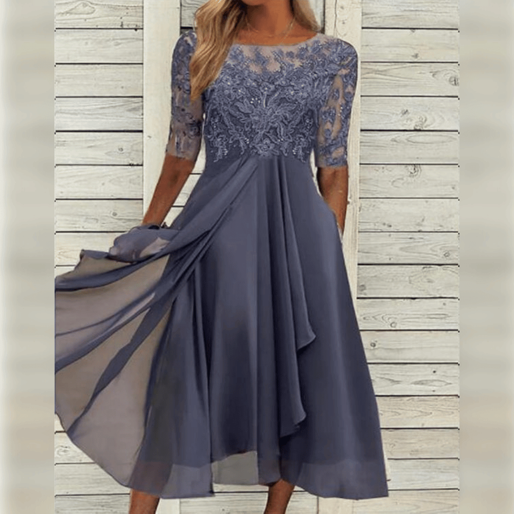 Ladies Maxi Dress Lace Top Chiffon Skirt Three-Quarter Sleeves A-Line Elegant - Blue / Green / Purple - Maelen