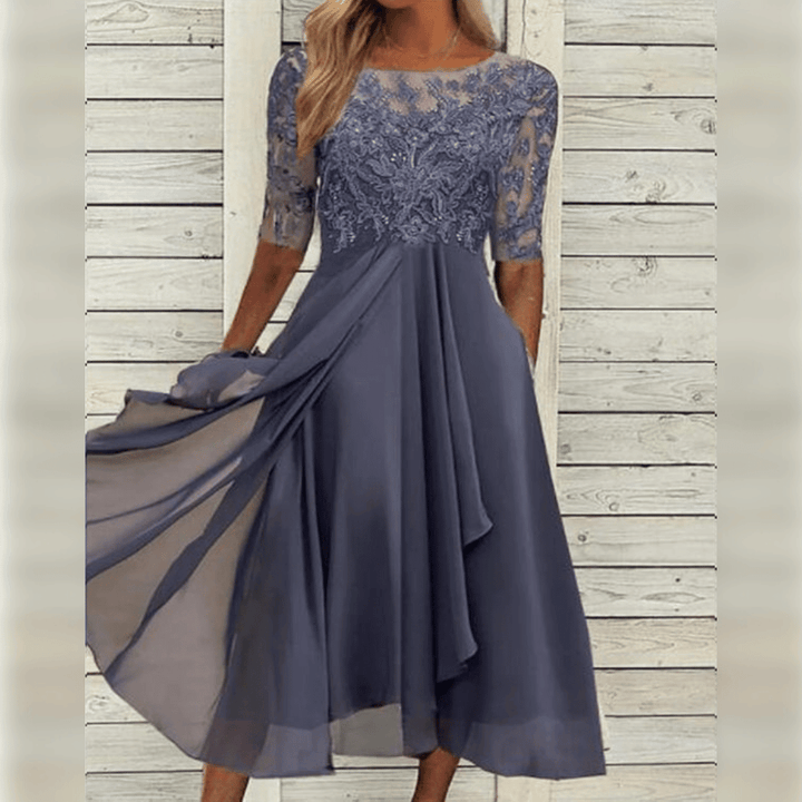 Ladies Maxi Dress Lace Top Chiffon Skirt Three-Quarter Sleeves A-Line Elegant - Blue / Green / Purple - Maelen
