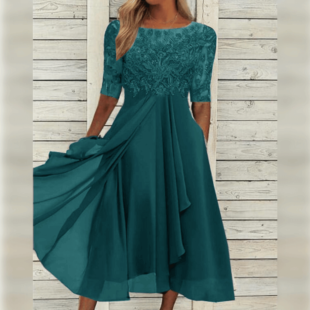 Ladies Maxi Dress Lace Top Chiffon Skirt Three-Quarter Sleeves A-Line Elegant - Blue / Green / Purple - Maelen