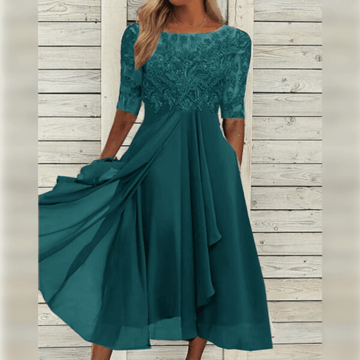 Ladies Maxi Dress Lace Top Chiffon Skirt Three-Quarter Sleeves A-Line Elegant - Blue / Green / Purple - Maelen
