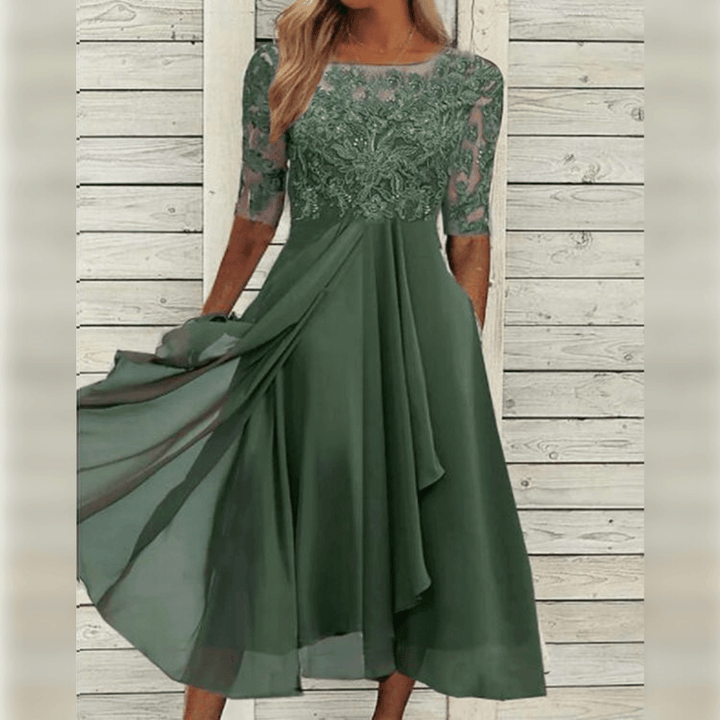 Ladies Maxi Dress Lace Top Chiffon Skirt Three-Quarter Sleeves A-Line Elegant - Blue / Green / Purple - Maelen