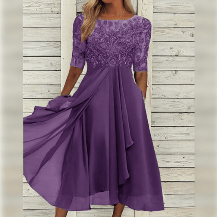 Ladies Maxi Dress Lace Top Chiffon Skirt Three-Quarter Sleeves A-Line Elegant - Blue / Green / Purple - Maelen