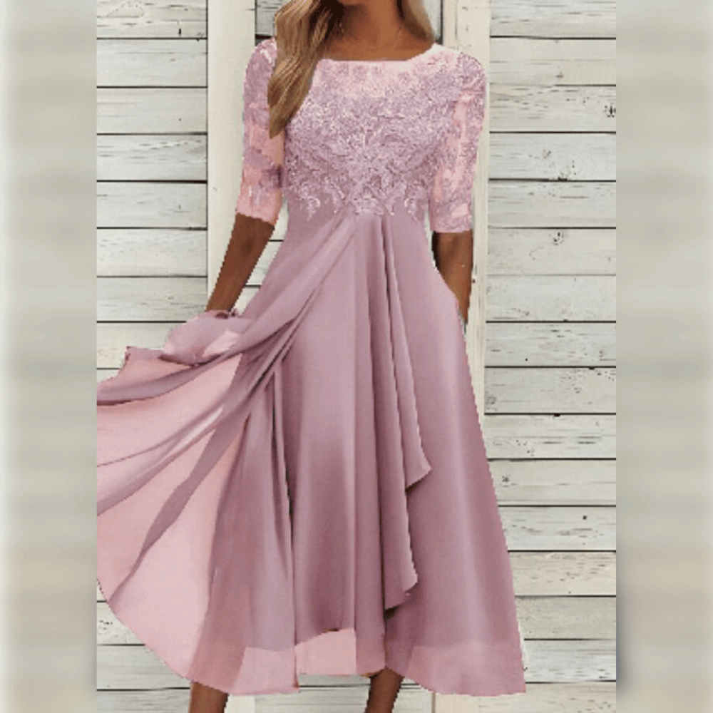 Ladies Maxi Dress Lace Top Chiffon Skirt Three-Quarter Sleeves A-Line Elegant - Blue / Green / Purple - Maelen