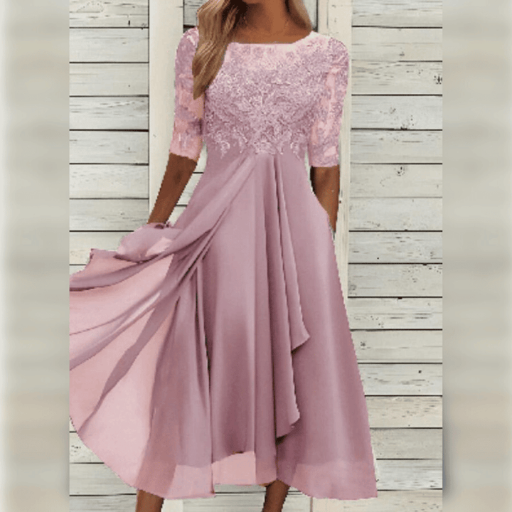 Ladies Maxi Dress Lace Top Chiffon Skirt Three-Quarter Sleeves A-Line Elegant - Blue / Green / Purple - Maelen