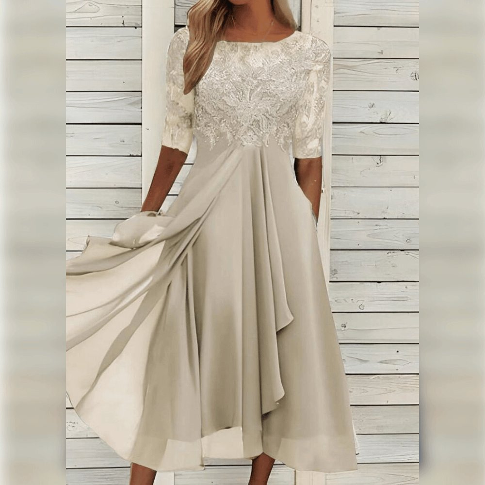 Ladies Maxi Dress Lace Top Chiffon Skirt Three-Quarter Sleeves A-Line Elegant - Blue / Green / Purple - Maelen