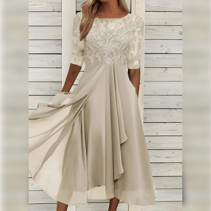 Ladies Maxi Dress Lace Top Chiffon Skirt Three-Quarter Sleeves A-Line Elegant - Blue / Green / Purple - Maelen