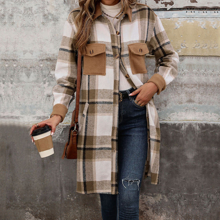 Checked overshirt for women with pockets, buttons, and long sleeves