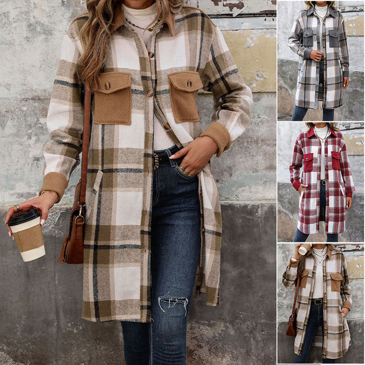 Checked overshirt for women with pockets, buttons, and long sleeves