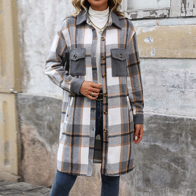 Checked overshirt for women with pockets, buttons, and long sleeves