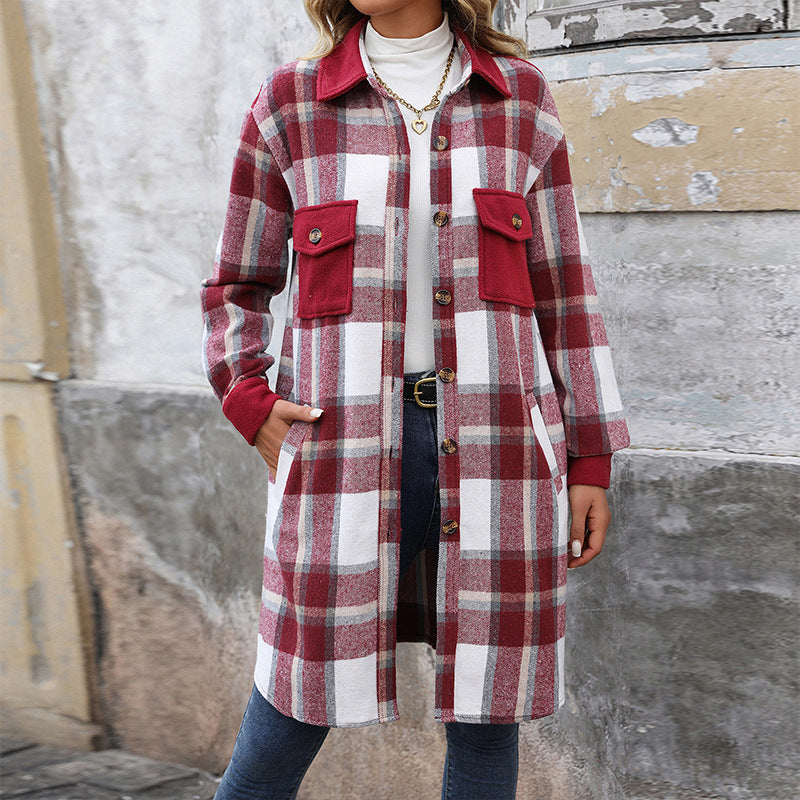 Checked overshirt for women with pockets, buttons, and long sleeves