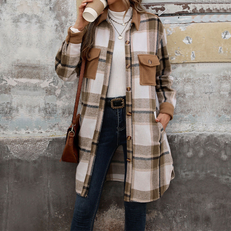 Checked overshirt for women with pockets, buttons, and long sleeves