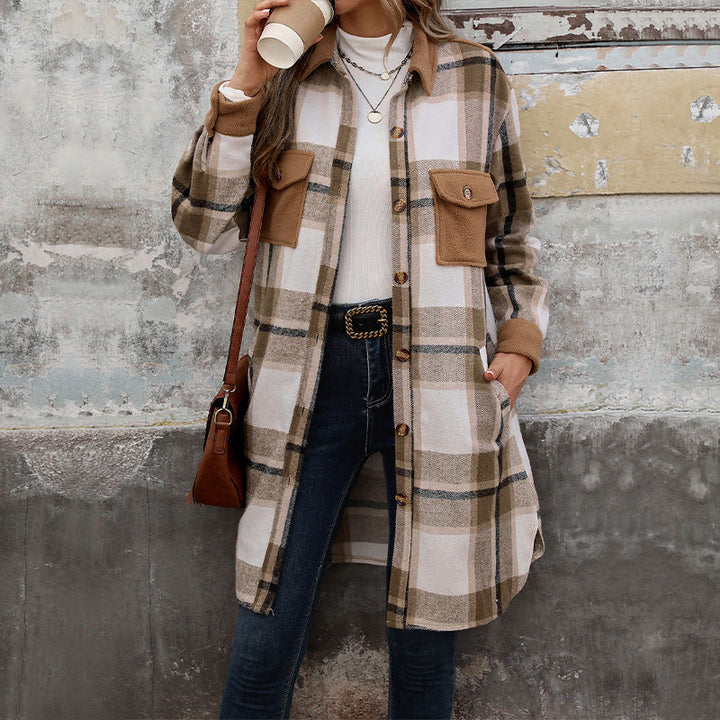 Checked overshirt for women with pockets, buttons, and long sleeves