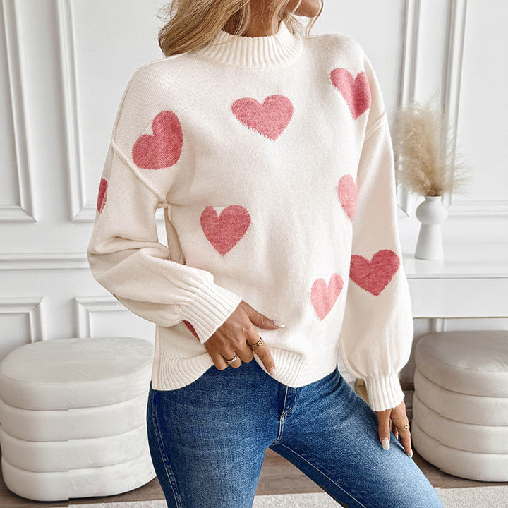 Sweater for women with knitted hearts and a high collar