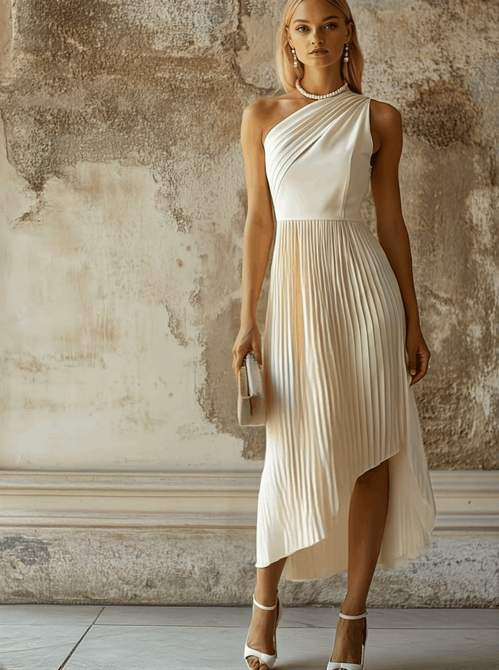 Fiona | Elegant Evening Gown White Pleated Sleeveless Midi Dress