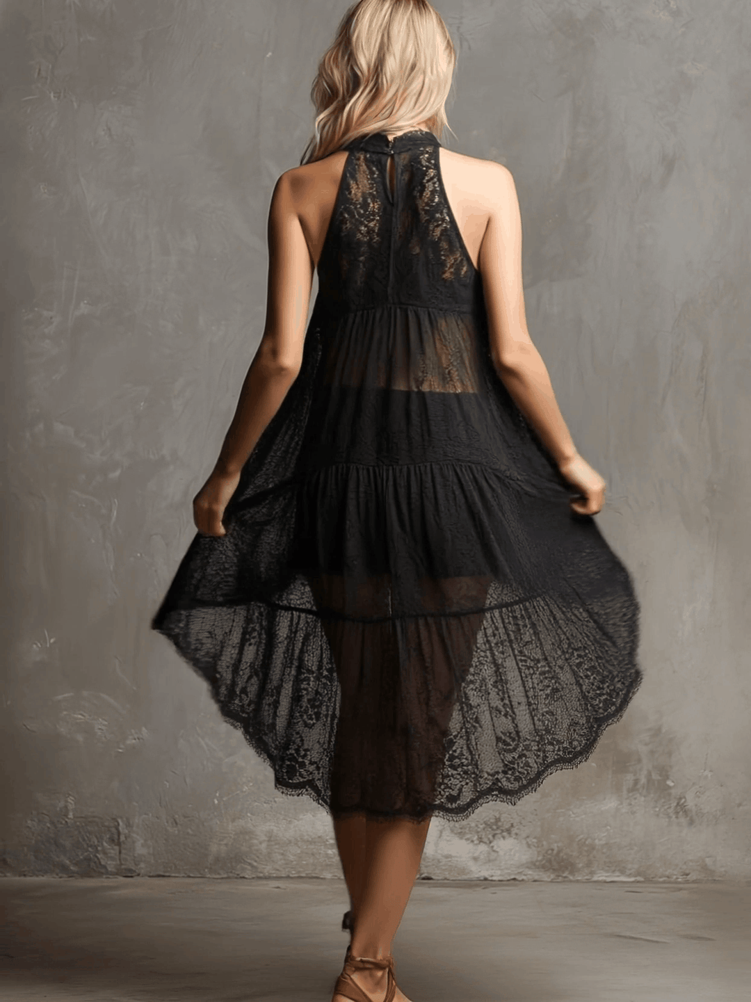 Bohemian Resort Black Lace Sleeveless A-line Mini Dress