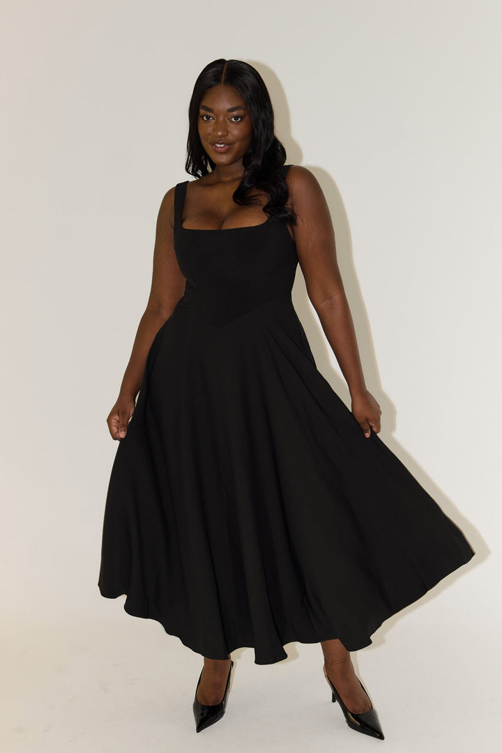 MILENA – High Waist Square Neck Sleeveless Fit and Flare Midi Dress