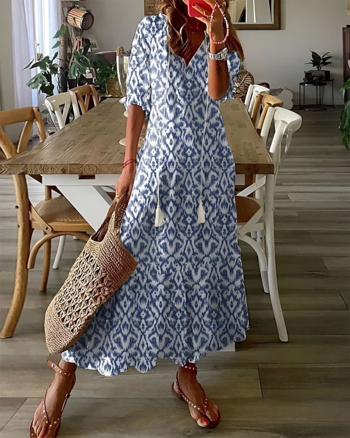 Brittany - Boho Ikat Print V-Neck Tiered Maxi Dress
