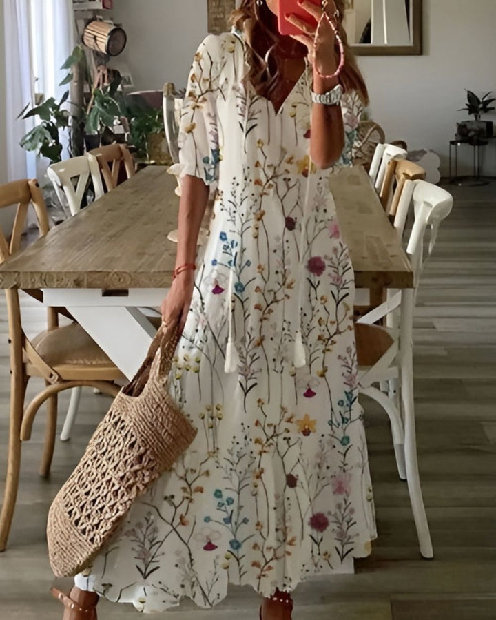 Brittany - Boho Ikat Print V-Neck Tiered Maxi Dress