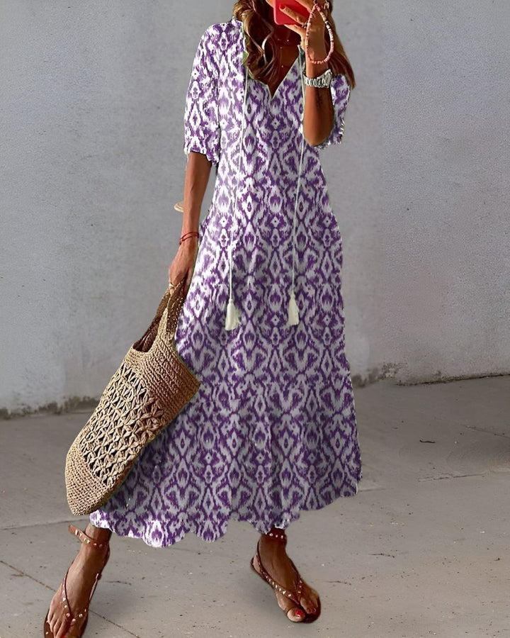 Brittany - Boho Ikat Print V-Neck Tiered Maxi Dress