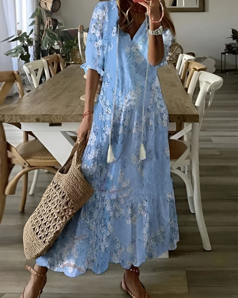 Brittany - Boho Ikat Print V-Neck Tiered Maxi Dress