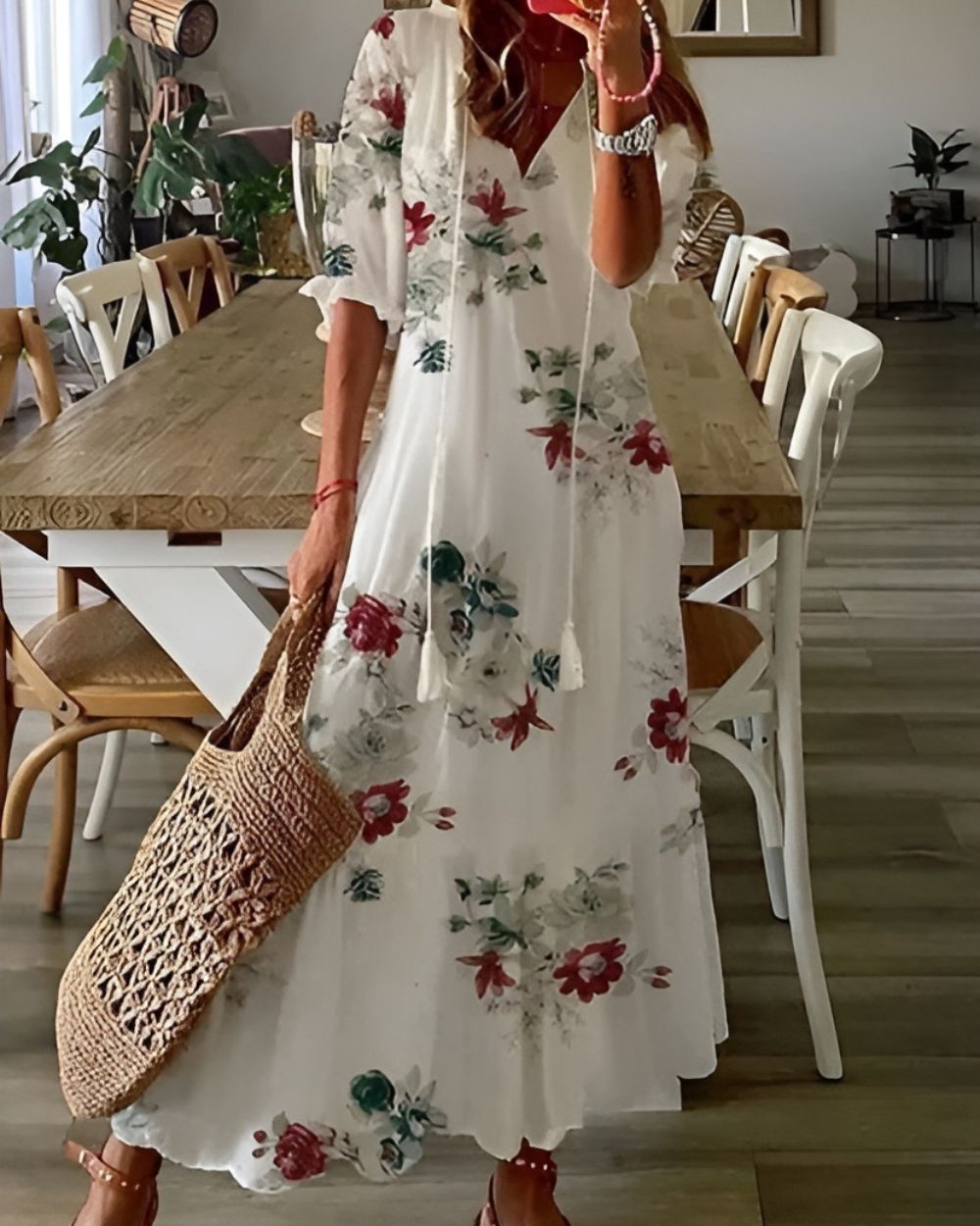 Brittany - Boho Ikat Print V-Neck Tiered Maxi Dress