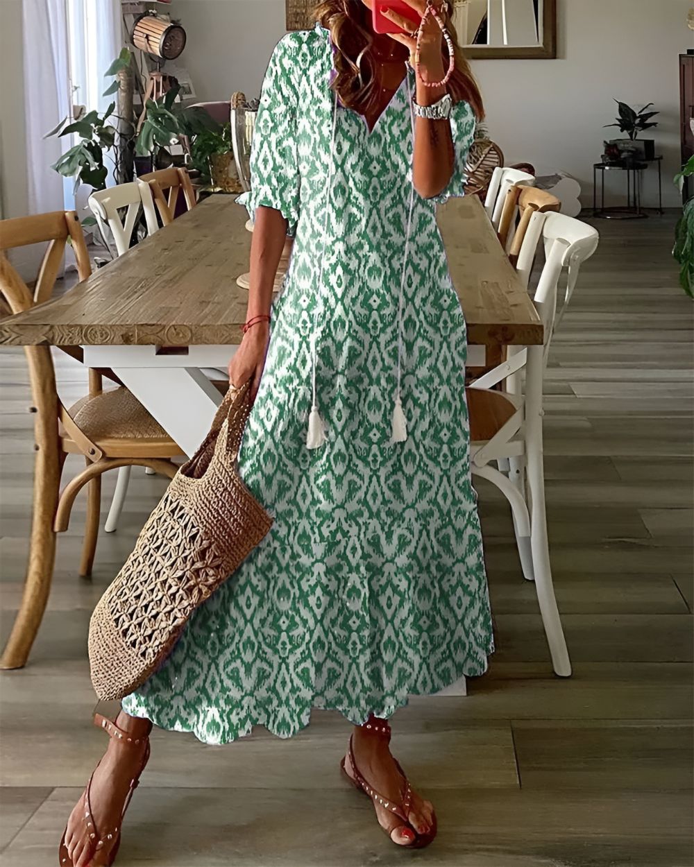 Brittany - Boho Ikat Print V-Neck Tiered Maxi Dress