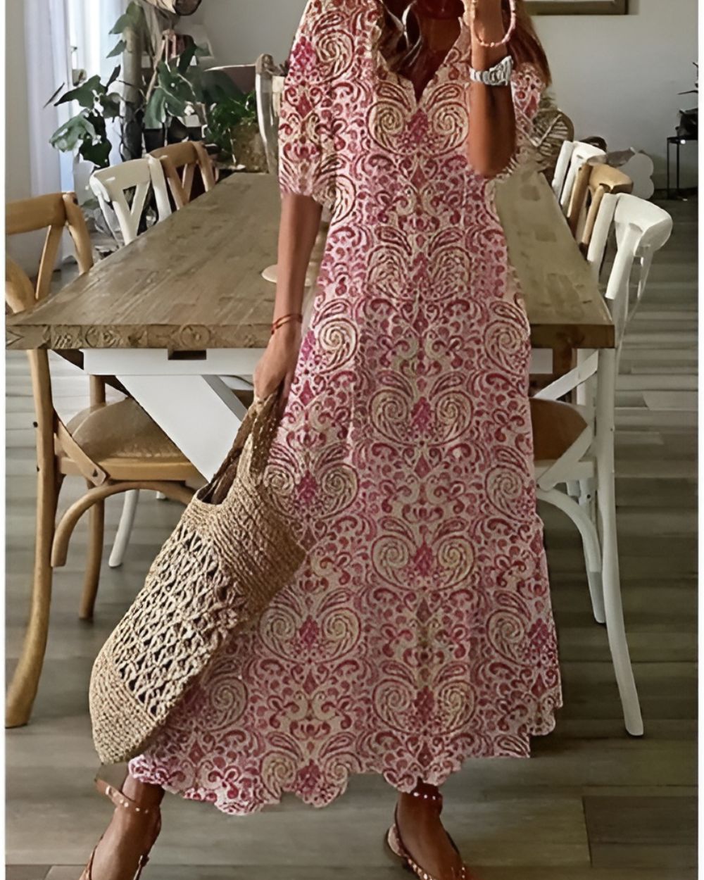 Brittany - Boho Ikat Print V-Neck Tiered Maxi Dress