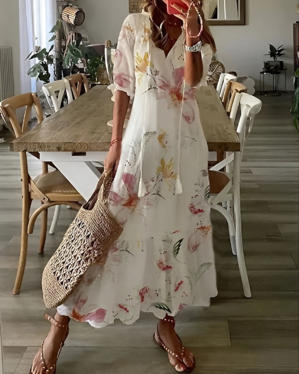Brittany - Boho Ikat Print V-Neck Tiered Maxi Dress