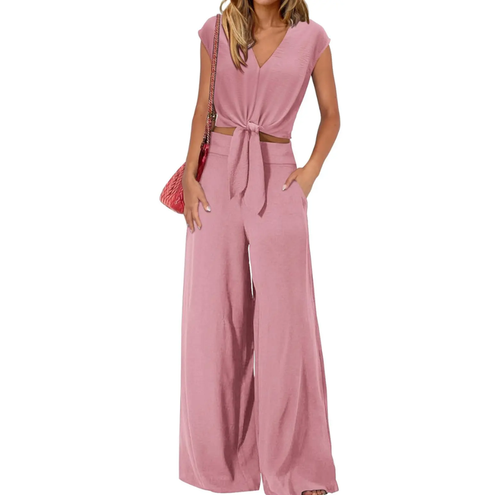 Michelle - V-Neck Tie-Front Crop Top and Wide-Leg Pants Set