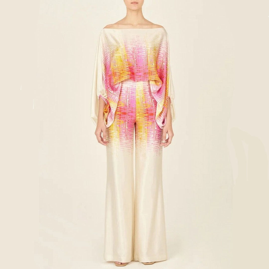 Emma - Wave Print Satin One-Shoulder Top &amp; Wide-Leg Pants Set