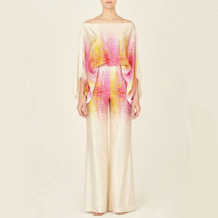 Emma - Wave Print Satin One-Shoulder Top &amp; Wide-Leg Pants Set