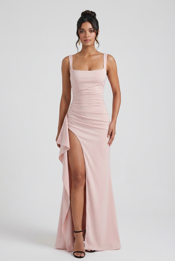 Pink Square Neck Dress with Slit - Elegant Slimming Fit