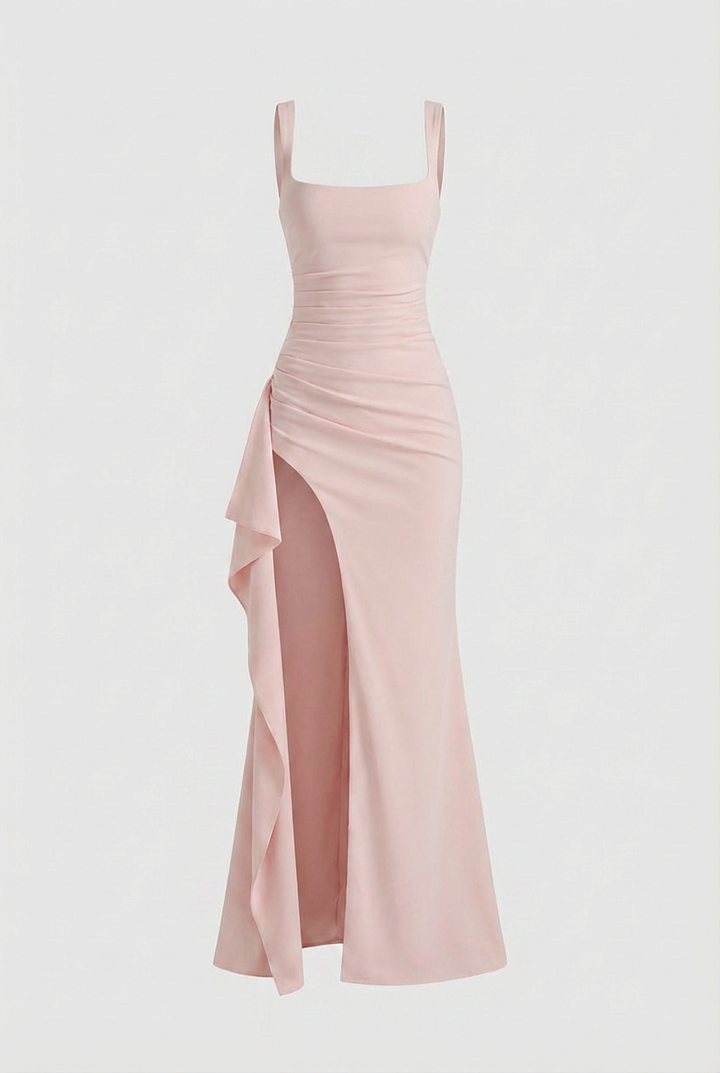 Pink Square Neck Dress with Slit - Elegant Slimming Fit