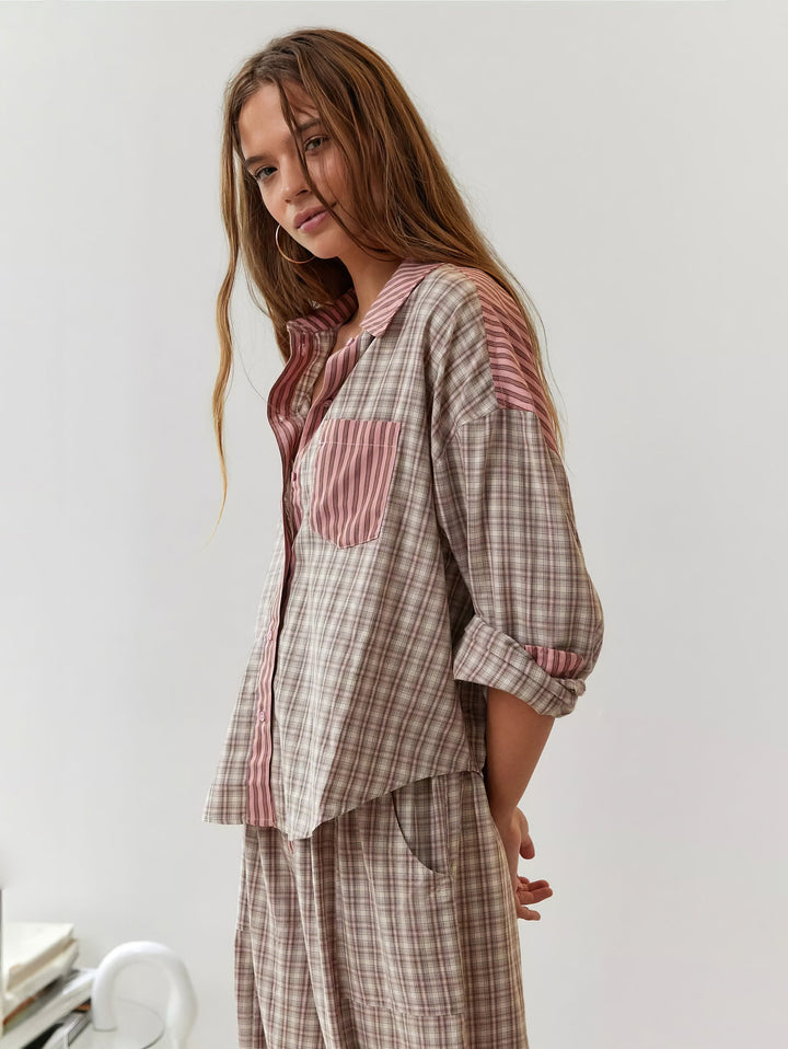 Plaid Pajama Set with Contrast Stripe Detail