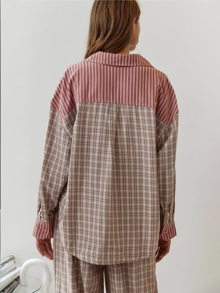 Plaid Pajama Set with Contrast Stripe Detail