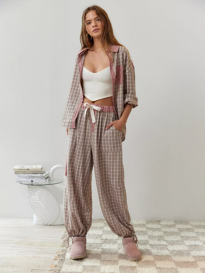 Plaid Pajama Set with Contrast Stripe Detail