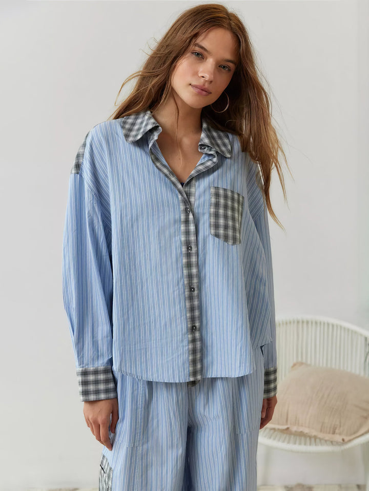 Plaid Pajama Set with Contrast Stripe Detail