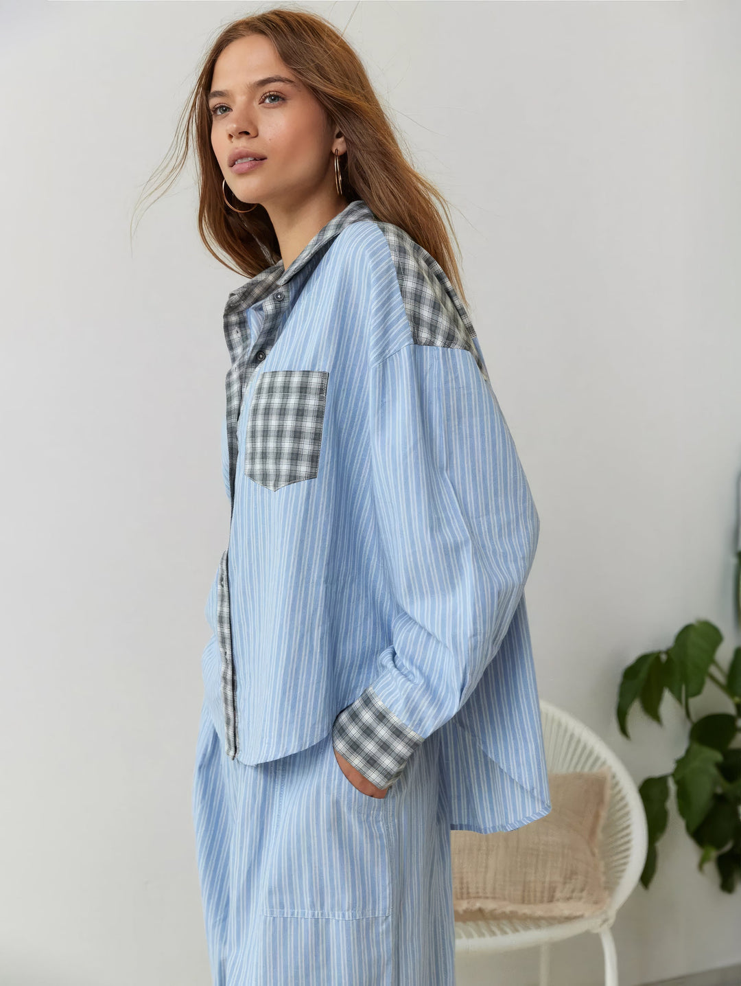 Plaid Pajama Set with Contrast Stripe Detail