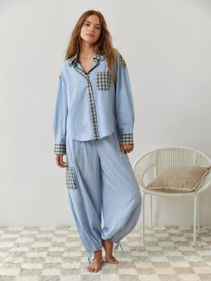Plaid Pajama Set with Contrast Stripe Detail