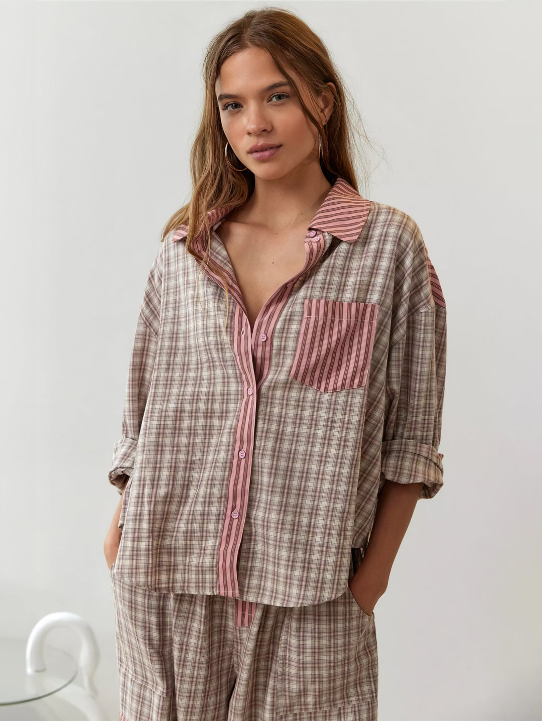 Plaid Pajama Set with Contrast Stripe Detail