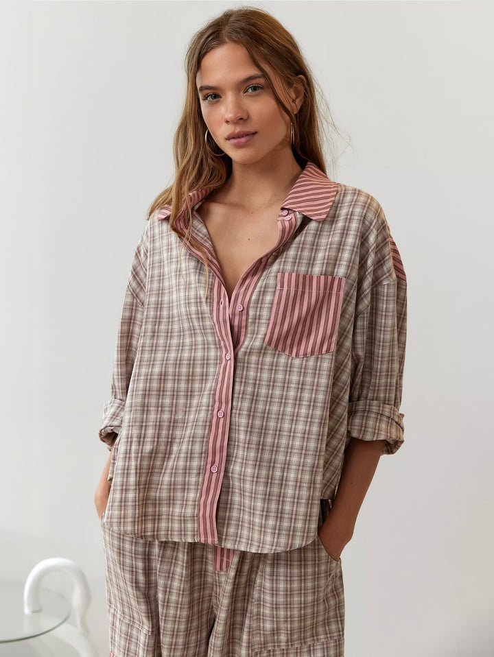 Plaid Pajama Set with Contrast Stripe Detail