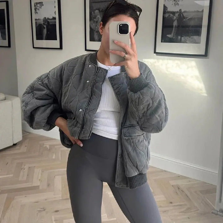 Quilted Oversized Bomber Jacket with Flap Pockets