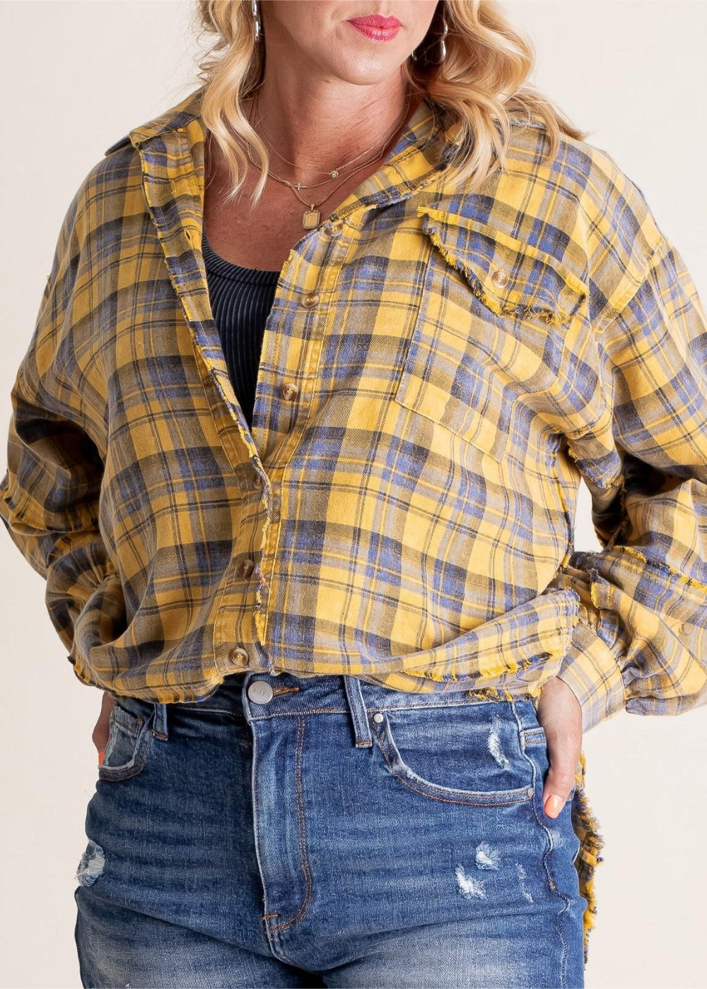 Raw Edge Plus Size Shirt Jacket – Washed Flannel Layer with Pockets