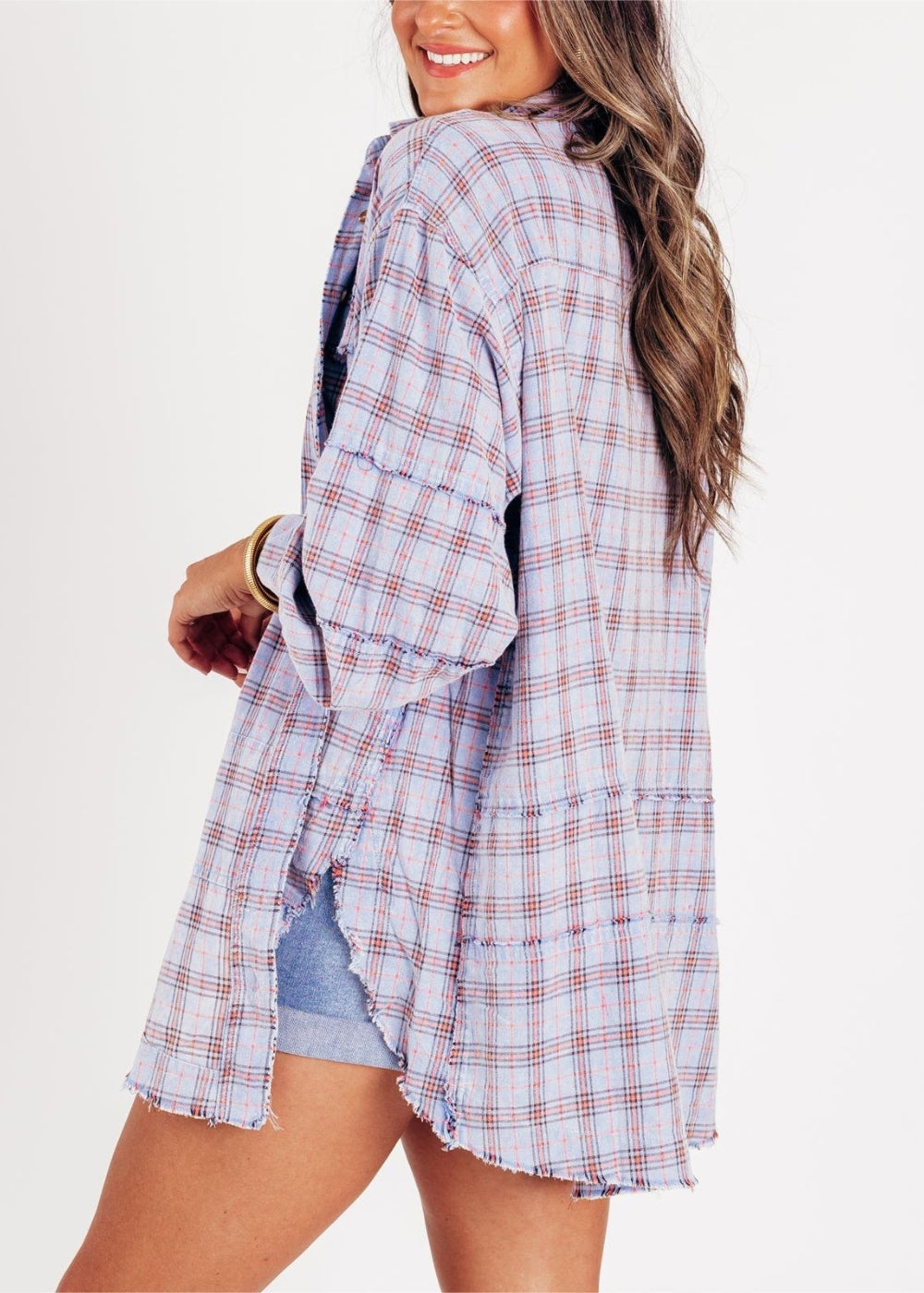 Raw Edge Plus Size Shirt Jacket – Washed Flannel Layer with Pockets