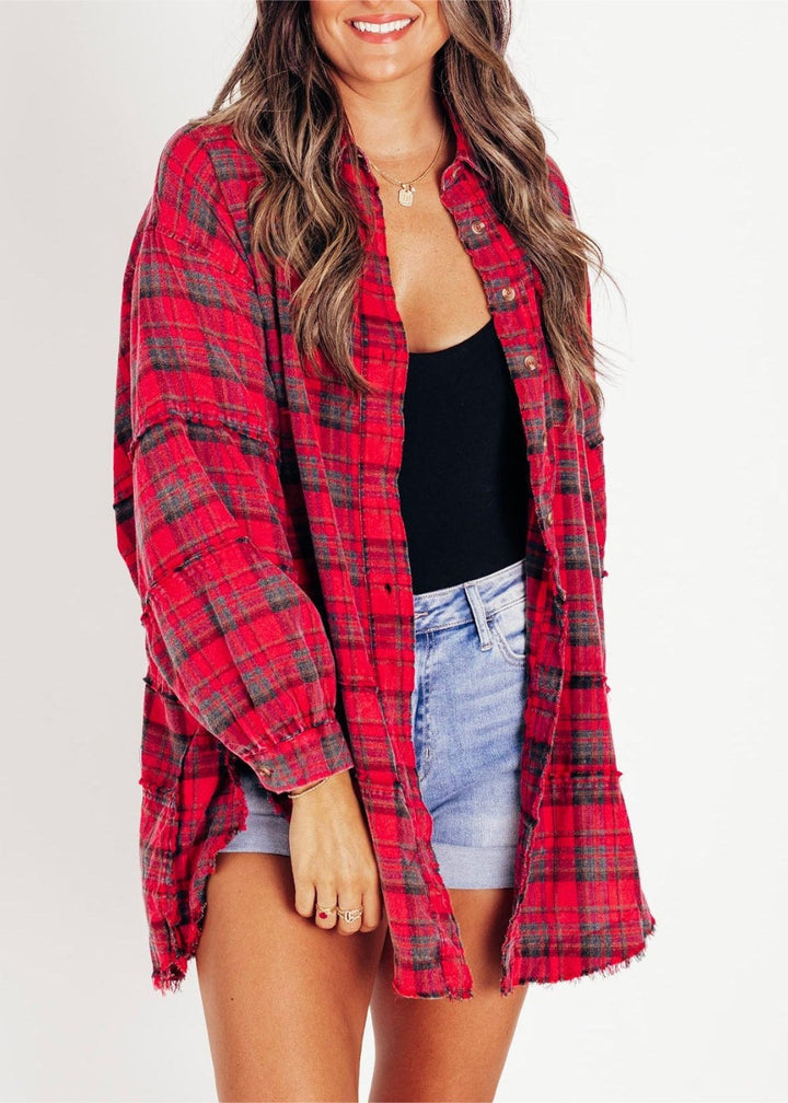 Raw Edge Plus Size Shirt Jacket – Washed Flannel Layer with Pockets